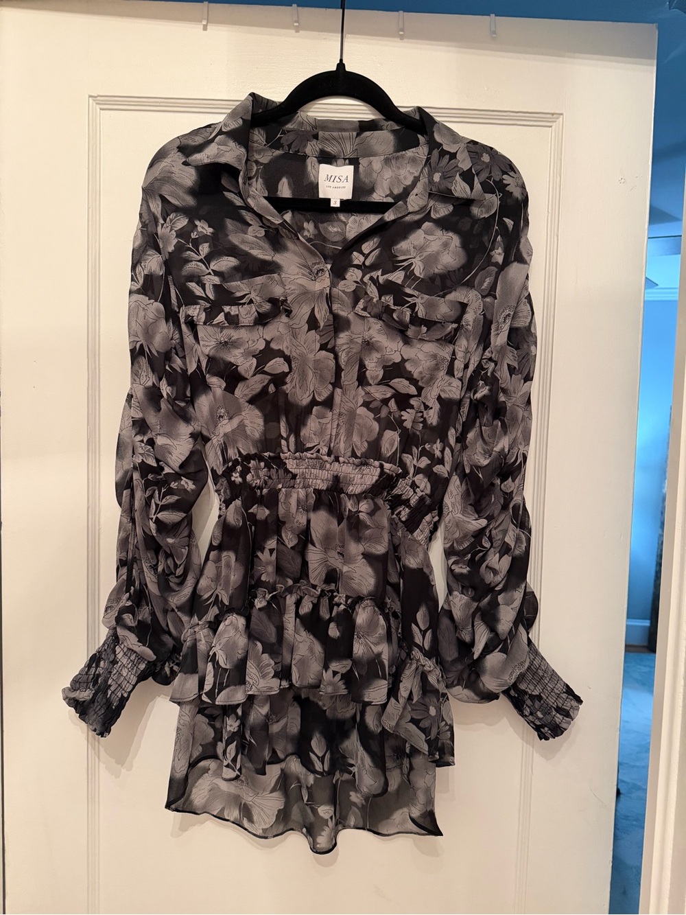 Misa Los Angeles Black and Gray Floral Tiered Mini Dress